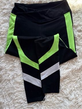 PINK Victoria's Secret Black Leggings with Neon Green & White Accents